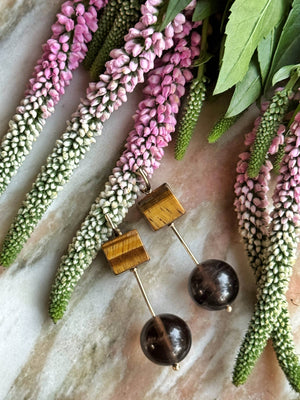 Sculpture Hooplet Earrings Tigers Eye Smoky Quartz