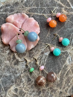 Pom Pom Hooplet Earrings Amazonite Rhodochrosite