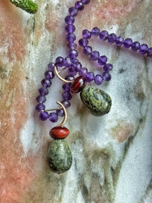 Pom Pom Pear Hooplet Earrings Red Tigers Eye Rhyolite