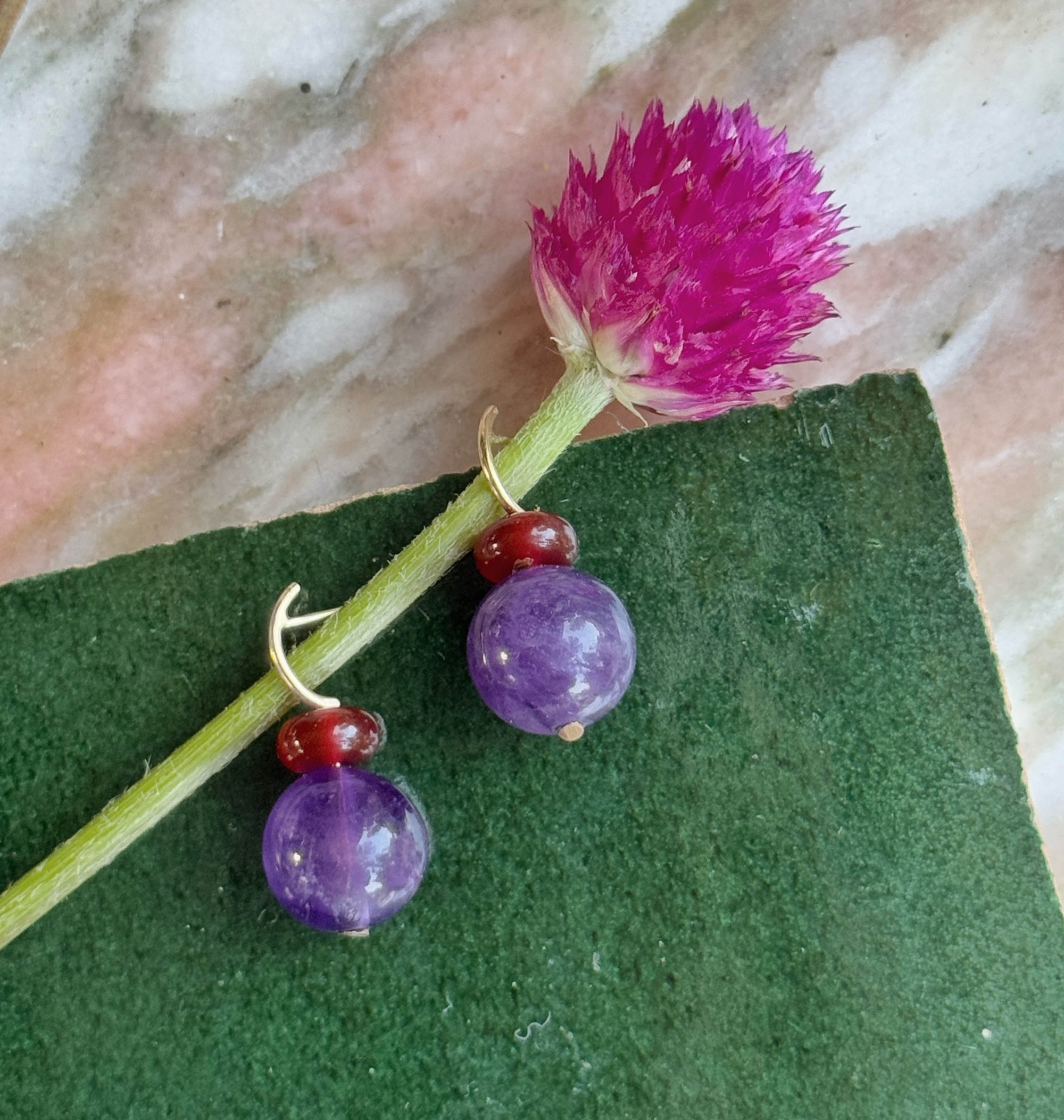 Pom Pom Hooplet Earrings Carnelian Amethyst