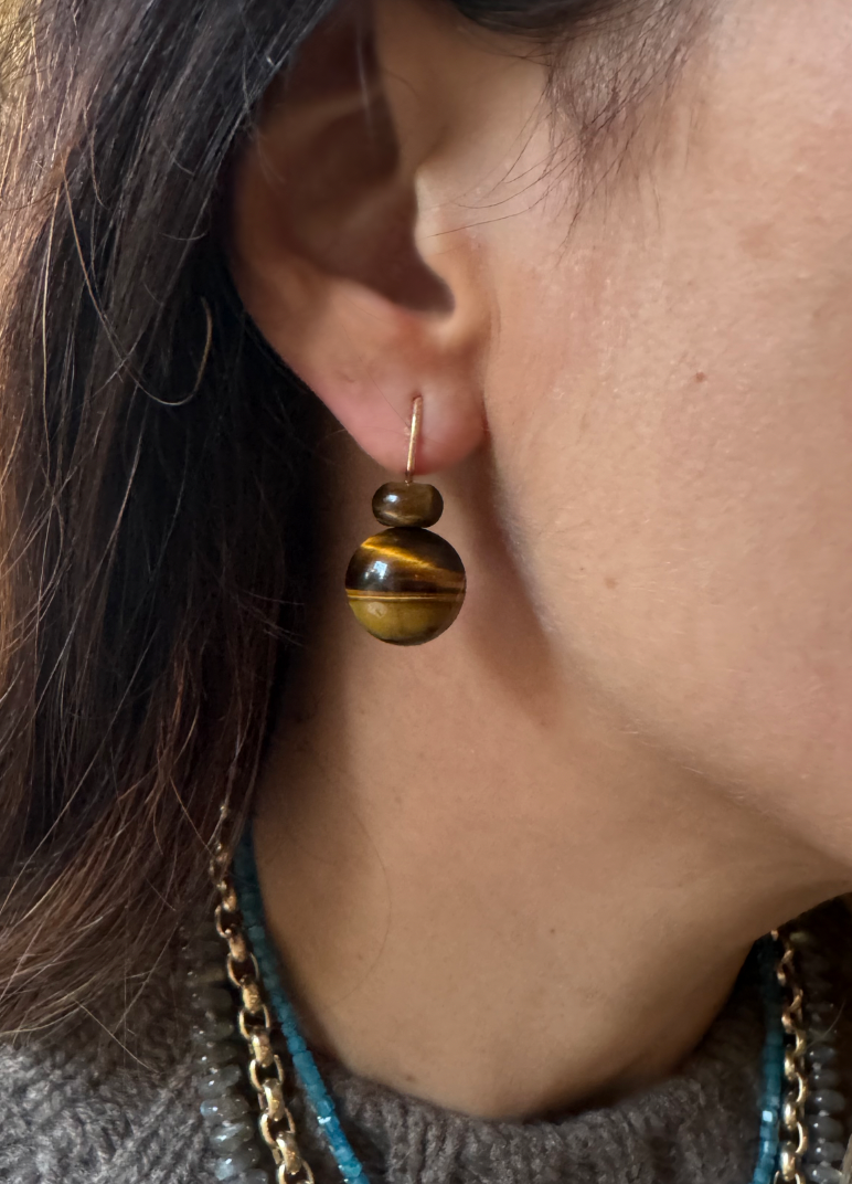 Pom Pom Hooplet Earrings Tigers Eye