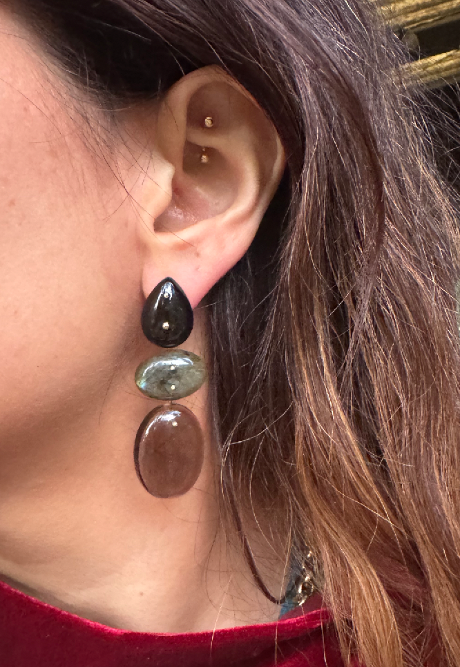 Mobile Earrings Onyx Labradorite Smoky Quartz