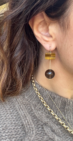 Sculpture Hooplet Earrings Tigers Eye Smoky Quartz